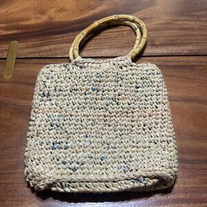 Vintage Homemade Woven Straw Bamboo Handle Handbag Purse